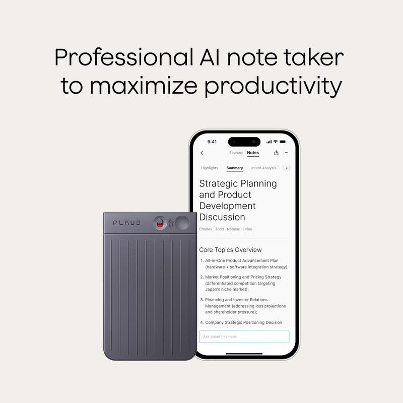 Plaud Note Smart Voice Recorder - One-Press Recording & Playback, 0.117-Inch Slim, 64GB, Voice Changer Translator, Black MagSafe Case - Audio