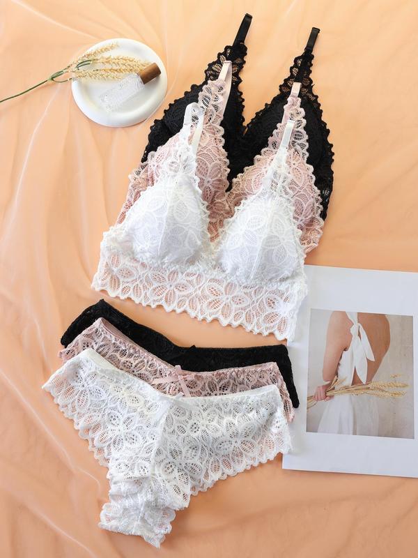 Women's Sheer Lace Underwear Set, Romantic Adjustable Strap Wireless Bra & Bow Decor Panty Set, Women's Lingerie Set, Womenswear