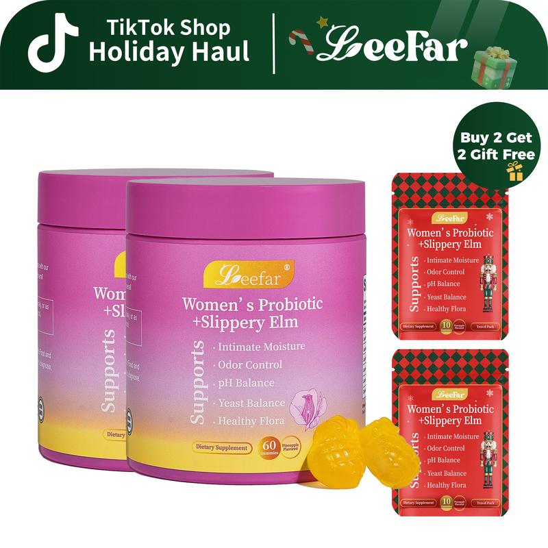 【2 Bottles】LEEFAR Her Juicy  Feminine Probiotics Gummies- All in One Solution with Slippery Elm and Prebiotics&Lactobacillus Probiotic Blend for Women’s pH Balance and Dryness - Hawaiian Pineapple Gummies 60 Count probiotics women