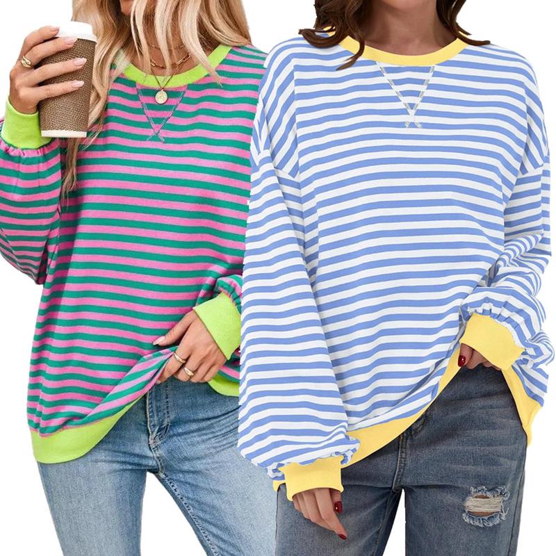 Encolax Women Striped Oversized Sweatshirt Color Block Crew Neck Long Sleeve Shirt Casual Pullover Top Fall Y2K Clothes Cotton Crewneck free people  outfits