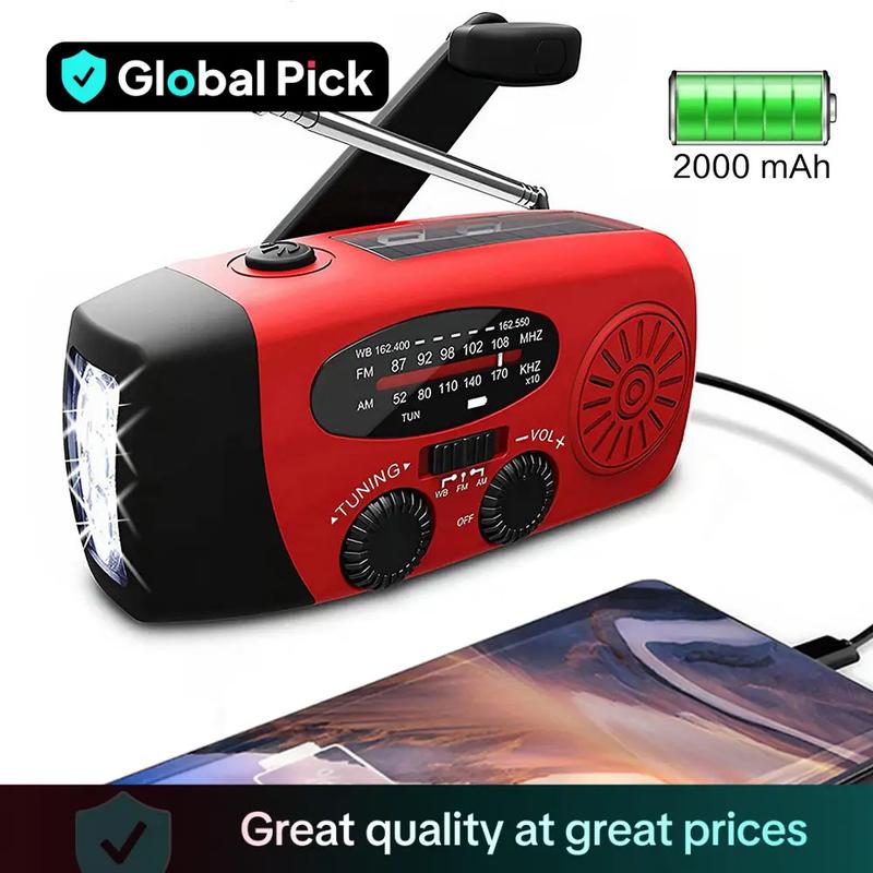 2000mAh Multifunctional Portable Radio Hand Crank, Solar Powered/USB Rechargeable FM AM WB NOAA Weather Radio, Emergency LED Flashlight Power Bank for Holiday Birthday #GLOBAL PICKS