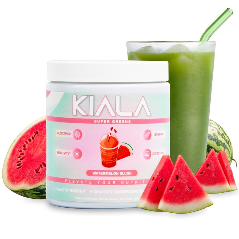 Kiala Nutrition Super Greens Organic Powder with Spirulina & Chlorella for Digestion Gut Health Immunity & Energy Vegan Supplement US Made Edible Watermelon Blush Flavor Healthcare Natural Vitamin Fitness Dietary