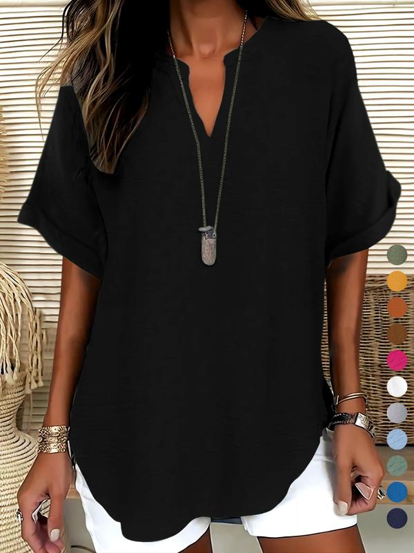 Elegant Polyester V Neck Loose Fit Short Sleeve Shirt for Women, 100% Polyester, Regular Length, 145g/m², Casual Weekend Top