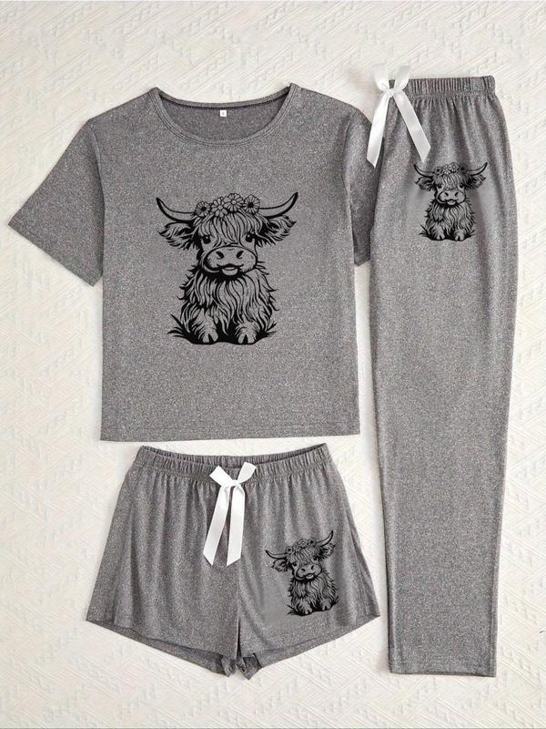 Women's Cow Print Round Neck Short Sleeve Tee & Shorts & Pants Pyjama Set, Pajamas, Casual Comfy Ladies Sleepwear for All Seasons