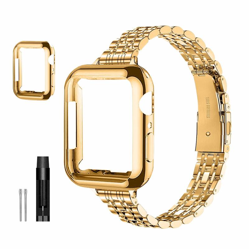 Traditional Women's Stainless Steel Watch Band, Compatible with Apple Watch 41mm, 40mm, 38mm, 45mm, 44mm, 42mm — Fits iWatch Series 9/8/7/6/5/4/3/2/1/SE/SE2, Optional TPU Soft Protective Case, Slimmed-Up Design for Women's Wear, Wearable
