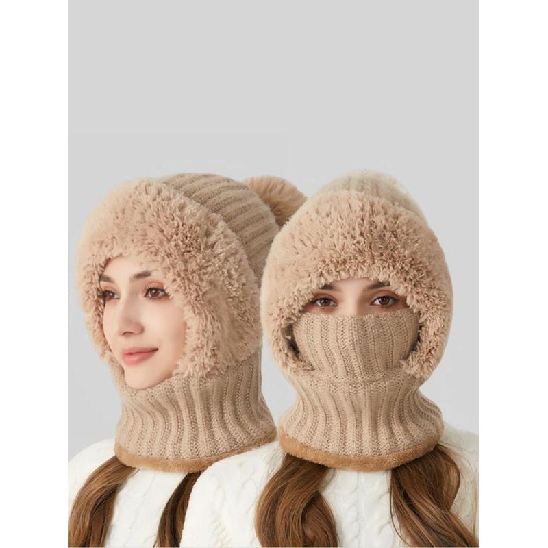 Women's Solid Color Animal Knitted Winter Beanie - Pom Pom Decor, Thick Casual Warm Hat with Bunny Ears, Fall & Winter Fashion Accessory, Animal Hats