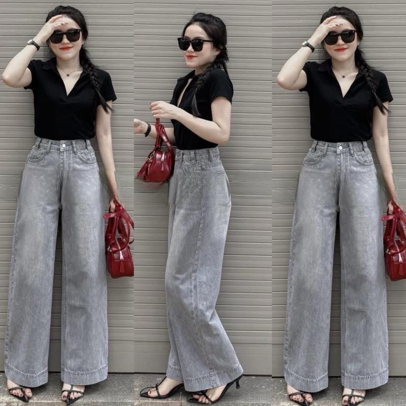 (S-2Xl) HHCHOU Quần jeans suông trơn màu xám khói chất jeans mềm H6789