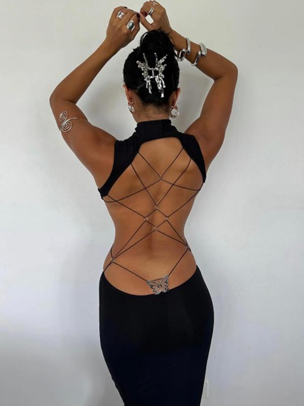 Women's Backless Butterfly Decor Bodycon Dress, Fashionable Elegant High Neck O-ring Sleeveless Tank Dress for Party Club Dating Wear, Dresses for Women, Fall Dresses, Ladies Back To School Clothes for Fall, Birthday Dresses 2025,dresses for women