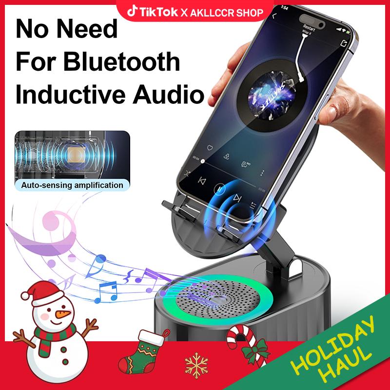 AKLLCCR 5in1 Wireless Speaker Cell Phone Stand with Bluetooth/Induction Audio & Atmosphere Light/Power Bank, 5.3 HD Surround Subwoofer Sound,300° Rotable Foldable Lift-Non-Slip Base, Fits Smart Phones