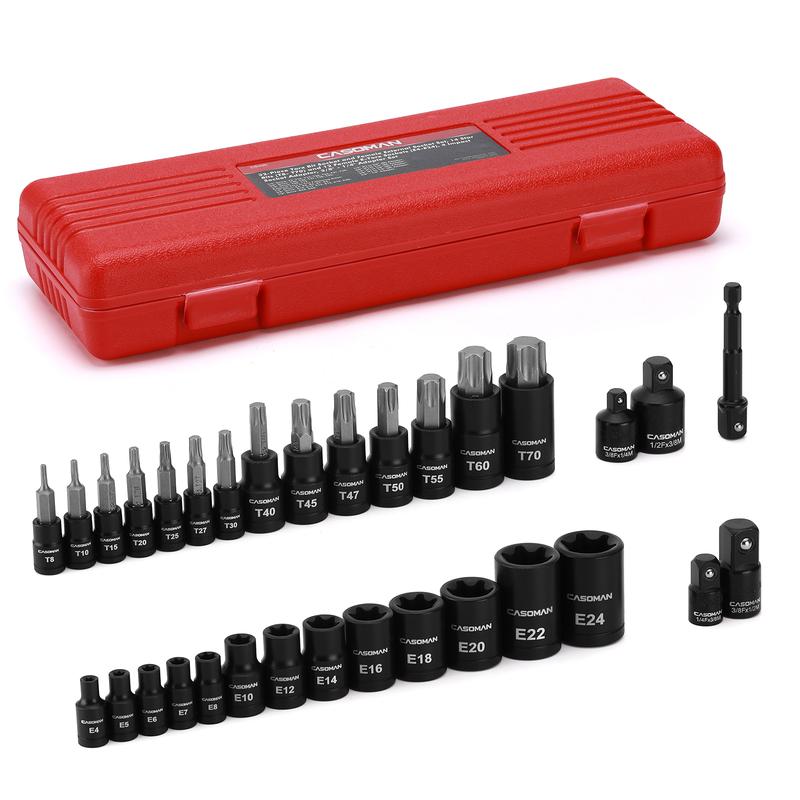 CASOMAN 32-Piece Torx Bit Socket and Female External Socket Set, 14 Star Bits (T8- T70) and 13 Female E-Torx Sockets (E4-E24), Include 5 Impact Socket Adapter Hand Tools Heavy Duty fathersdaygift