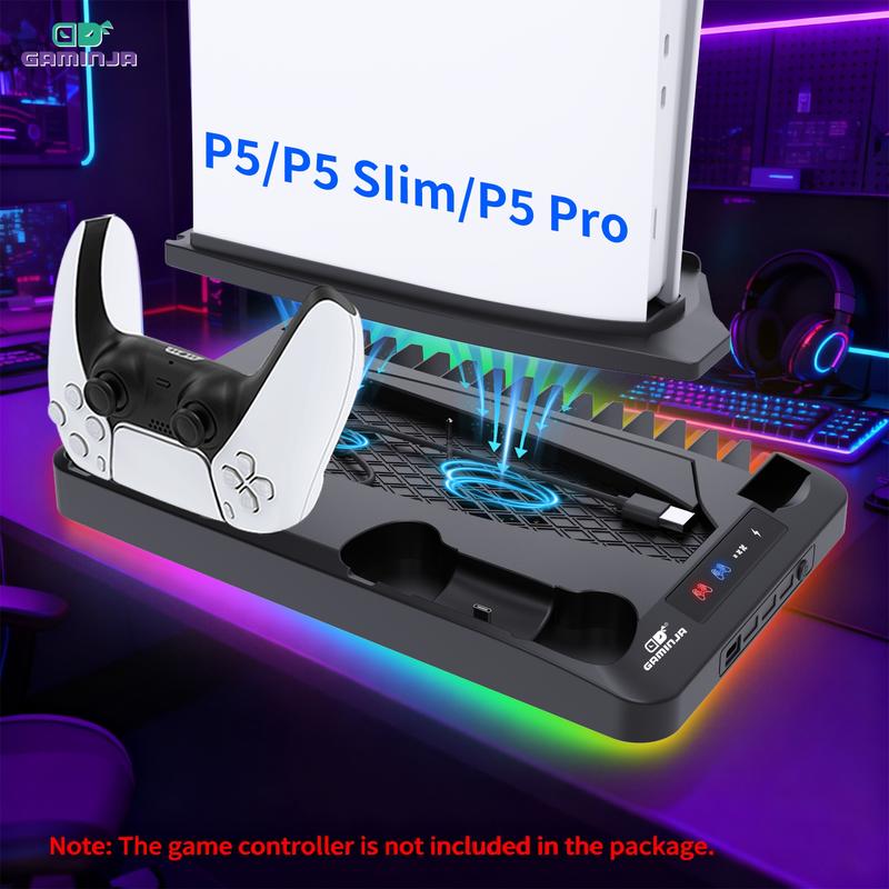 GAMINJA P58 Charging Base Cooling Bracket Compatible With PS5 Console, Vertical Stand Cooling Fan, Multi-functional Cooling & Charging Station for PS5 Slim Pro All Model Universal Gaming Items