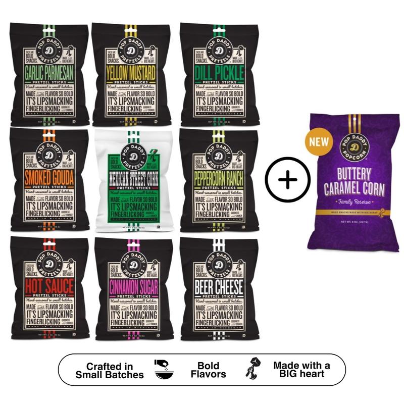 Pretzel Sampler Pack - 9 bags  + BUTTERY CARAMEL CORN
