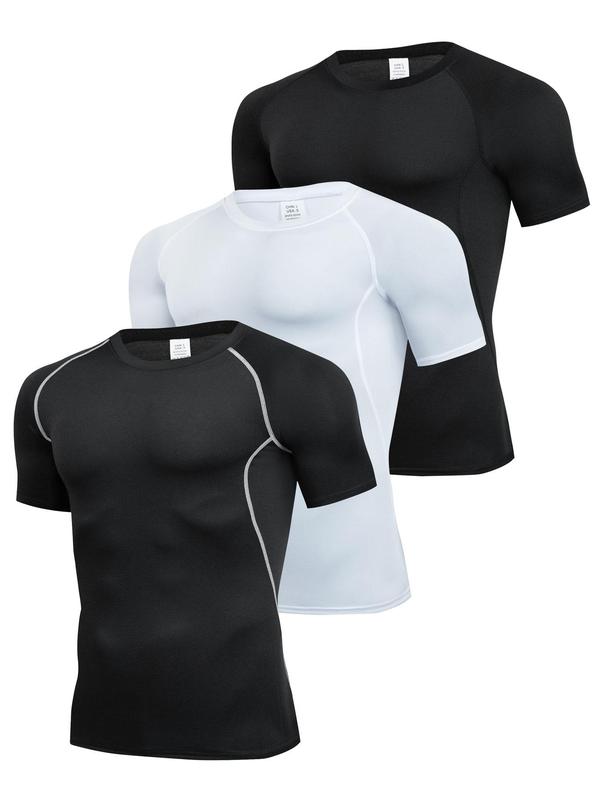 Men's Contrast Binding Round Neck Compression Sports Tee, Quick Drying Breathable Crew Neck Short Sleeve T-shirt for Running Gym Workout, Casual Sporty Top for All Seasons, Gym Workout Tops, Running Shirts, Activewear, Athletic Sports Clothing
