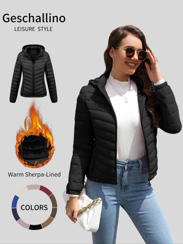 Geschallino Women's Lightweight Fitted Long Sleeve Winter Cotton Jacket with Pockets, Casual Fall & Winter Hooded Coat for Daily Commute Outerwear