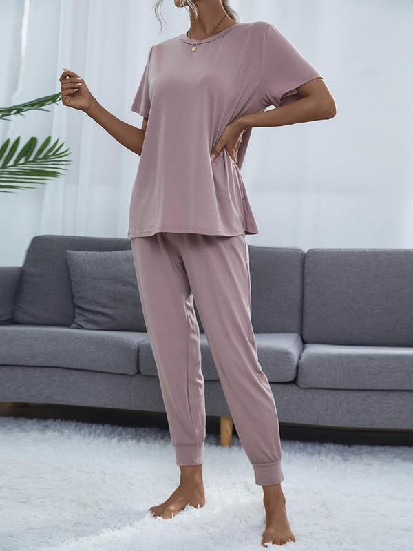 Women's Round Neck Tee & Drawstring Waist Cropped Pants Loungewear Set, Lounge Set, Crew Neck Short Sleeve T-shirt & Pocket Trousers Pj Set, Summer Outfits, Pajamas, Pyjamas for Women