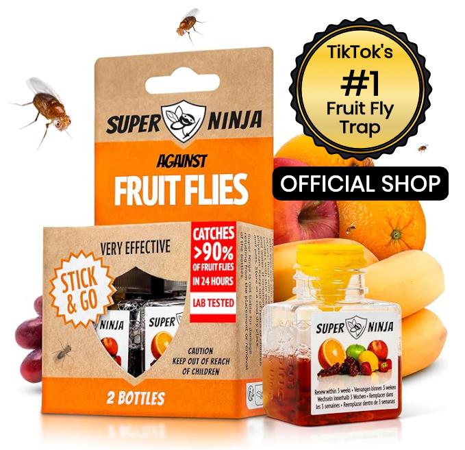 Super Ninja Fruit Fly Traps  - Very Effective Catcher for Kitchen Counters & Trash Bins - Natural Liquid Bait - Safe for Kids & Pets - 2 Bottles - 3 Weeks Protection - Eco-Friendly Design Household Pest Control