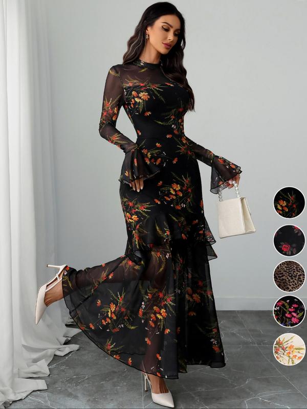 Women's Floral-Print Fitted Dress, Elegant Feminine Vintage Gothic Flared Long Sleeve Dress for Party Holiday Wedding Guest, Ladies' Clothes for All Seasons