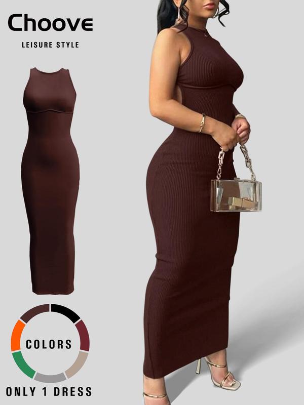 Women's Sexy Chic Round Neck Cutout Long Dress, Backless Criss Cross Design, Split Hem, High Stretch Fabric, Casual Sleeveless Dress