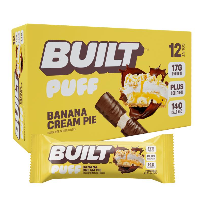 Official BUILT Bar, Puff Protein Bar Snacks, Banana Cream Pie Puff, 17g Protein, 140 Calories, Collagen, Gluten Free, 12 Count Box