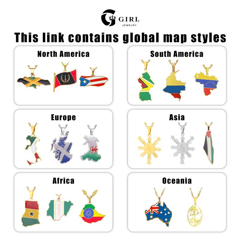 GGIRL Fashion World Map Pendant Necklace 18K Gold Plated National Flag Design for Men Women Neutral Gift Travel Enthusiast Modern Versatile Streetwear Statement Jewelry，Fashion Jewelry Gift for Holiday Haul Christmas Birthdays Anniversaries,summerwins