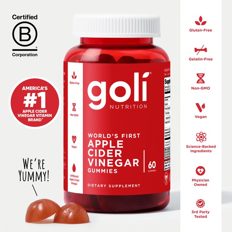 Goli Apple Cider Vinegar Gummy Vitamins, World's First - Vitamin B12, Gelatin-Free, Gluten-Free, Vegan & Non-GMO. America's #1 Apple Cider Vinegar Vitamin Brand