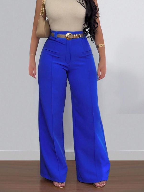 Women's Plain Pocket Wide Leg Stretchy Jersey Pants, Casual Minimalist Pants, Casual Comfy Trousers for Spring & Fall, Women's Bottoms for Daily Wear, Blue, Casual Fitted Bottoms
