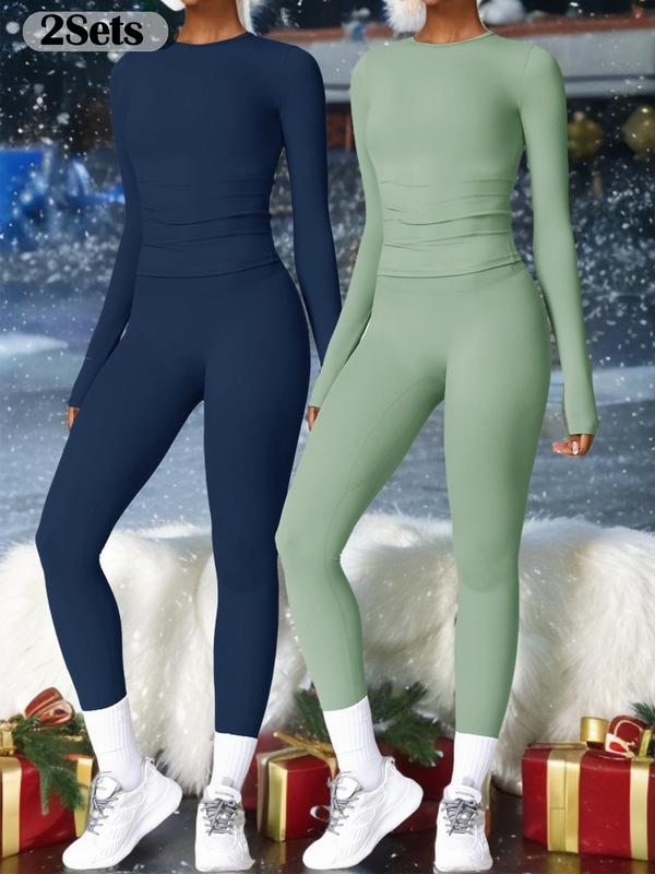 Women's Solid Long Sleeve Skinny Tee & High Waist Leggings Tracksuit Set, Workout Running Clothes, Sporty Breathable Quick Drying Outfits for Gym Workout Running, Ladies Outdoor Yoga Suit for All Seasons, Quick Dry Activewear, Sweatsuit Sets