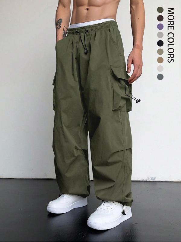 Men's Plain Pocket Drawstring Waist Cargo Pants, Loose Casual Wide Leg Trousers, Men's Bottoms, Spring Pants for Men, Drippy Outfits, Summer Outfits 2024, Going Out Outfits, Casual Streetwear Trousers, Casual Comfy Trouser