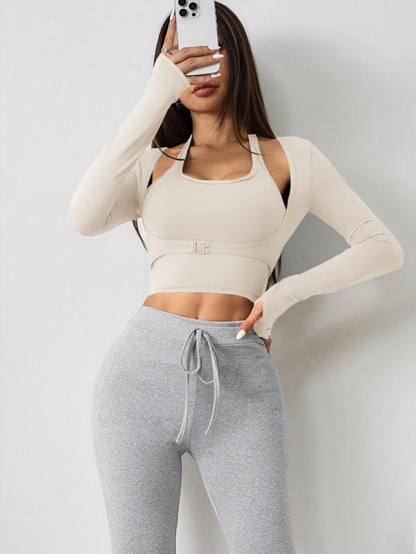 Women's Halter Crop Tank Top & Thumb Hole Sports Tee Set, Sleeveless Top & Buckle Front Sports Top Set, Gym Yoga Exercise Clothing Set for Women Spring Sportswear, Workout Summer Clothes