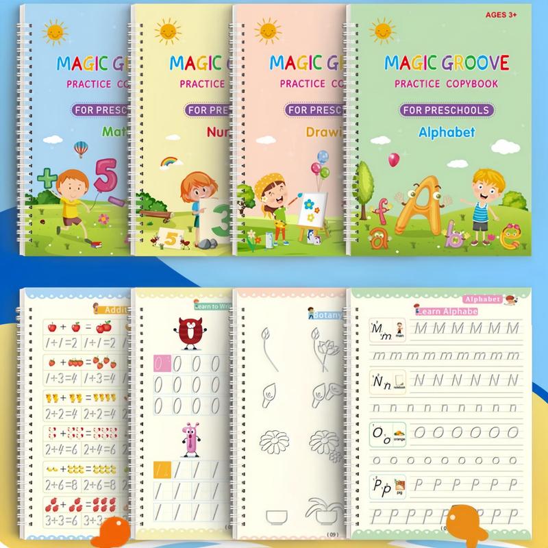 Magic Practice Scribe Book Set, 4 Counts/set Reusable Number & Letter & Math & Drawing Practice Scribe Book with 1 Count Pen, 10 Counts Refills & 1 Count Pencil Grip, Tracing Preschool Books, School Supplies
