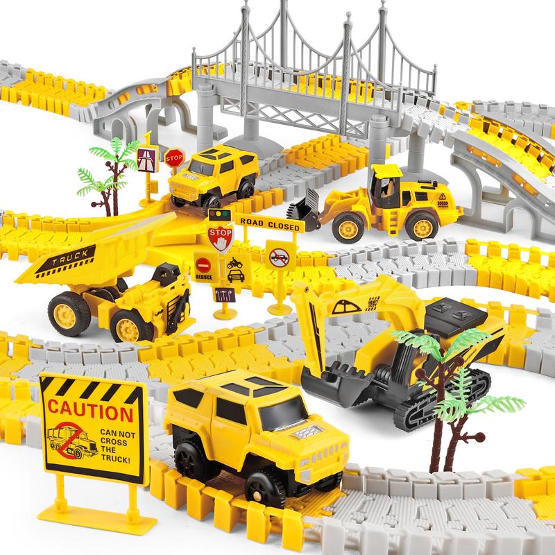 276 PCS Construction Race Track Toy for Kids, Truck Car Engineering Road Playset with Bridge, Vehicles and Road Signs