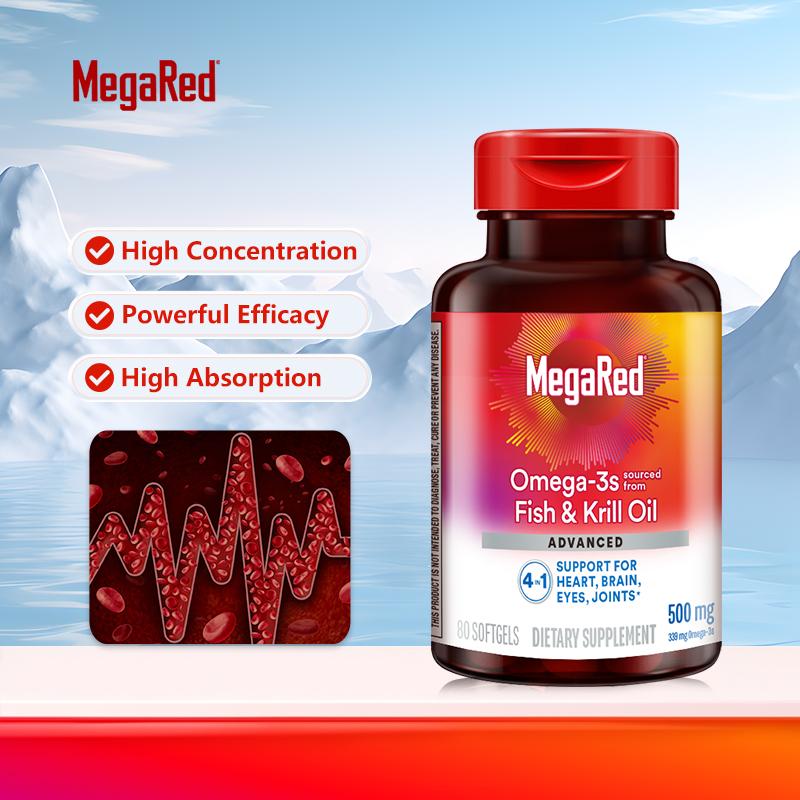 MegaRed Health Pure Antarctic Concentrate Omega-3 4in1 Softgels with Krill Oil & Deep Sea Cod Liver Oil, 500mg Each, 80 Count