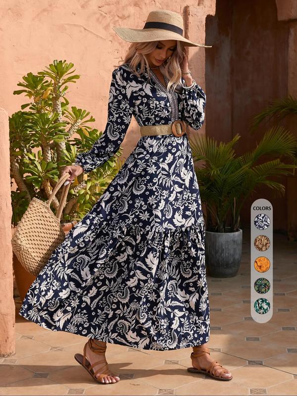 Women's Western Style Floral Print Ruffle Embroidered Trim Bishop Long Sleeve Notched Neck A-line Long Vintage Dress, Dresses for Women, Fall Dresses 2024, Boho Casual Maxi Milkmaid Dress for Vacation
