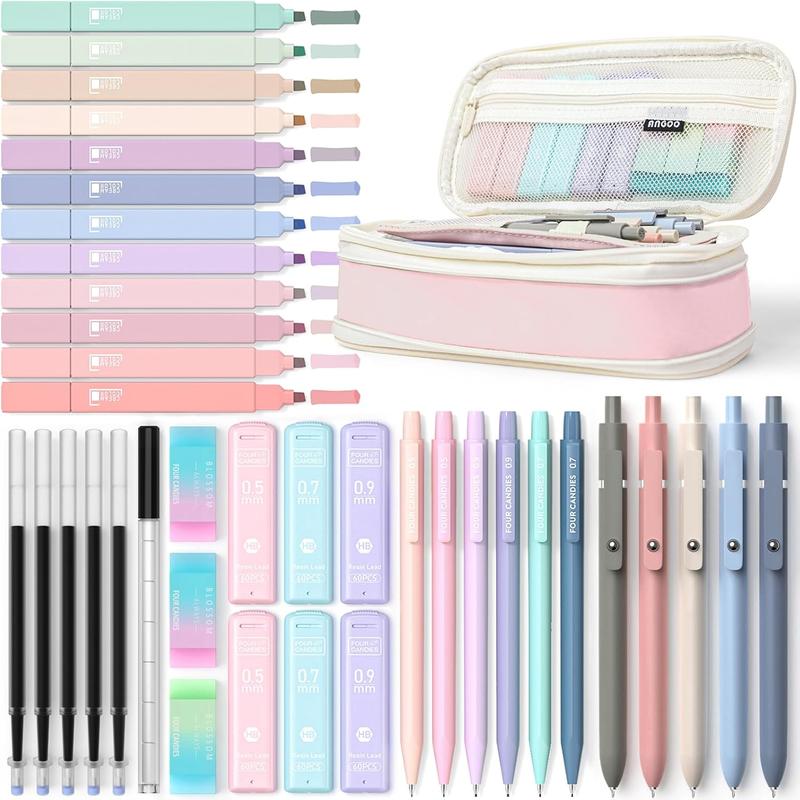 Four Candies 39PCS Aesthetic School Supplies Set - Cute Pen Case,12 Pastel Highlighters,5 Black Gel Pens,6 Mechanical Pencils 0.5&0.7mm, Smooth Writing, Aesthetic School Supplies, TikTokshopstockup, TikTokshopmothersday, Back to School Gift for Student
