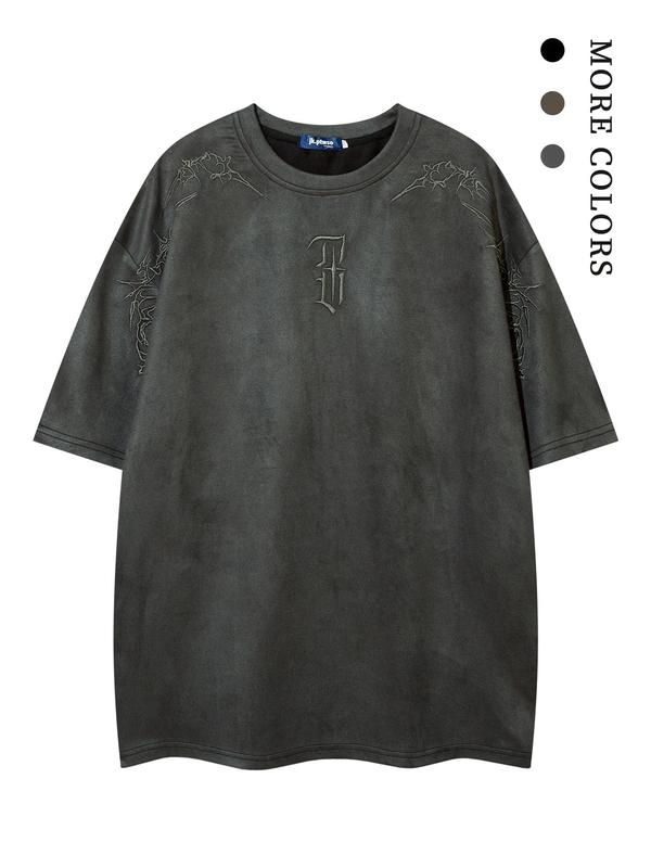 Men's Embroidery Drop Shoulder Suede Tee, Street Fashion Soft Comfy Half Sleeve Round Neck T-Shirt for Summer, Men's Top for Daily Wear, Streetwear, Casual