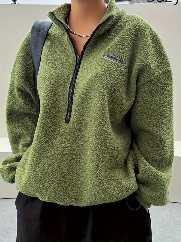 Women's Letter Patch Half-Zip Fuzzy Thick Knit Sweatshirt, Casual Long-Sleeve Drop-Shoulder Fitted Pullover for Fall & Winter, Women's Clothes for Daily Wear, Lady, Womenswear