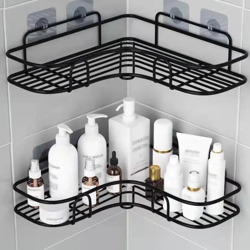 1 Piece Bathroom Rack Shelf, Wall-mounted Iron Triangle Storage Rack, Punch Free Bathroom Storage Rack with 2 Hooks