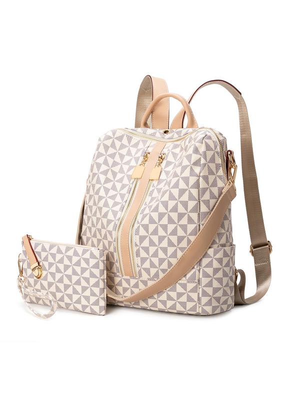 Fashionable Geometric Pattern Backpack & Wallet Set, Large Capacity Vintage Multifunctional Backpack, Versatile High-quality Daily Commuting Bag Set, Purse Backpack Combo, Backpack Plus Purse Combo