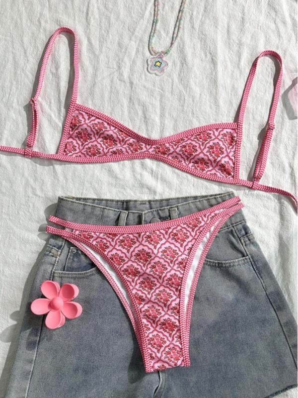 Two-Piece Set Women's Floral Print Bikini Set, Casual Fashion Chic Swimsuit Set for Beach Holiday Vacation, Ladies Summer Clothes