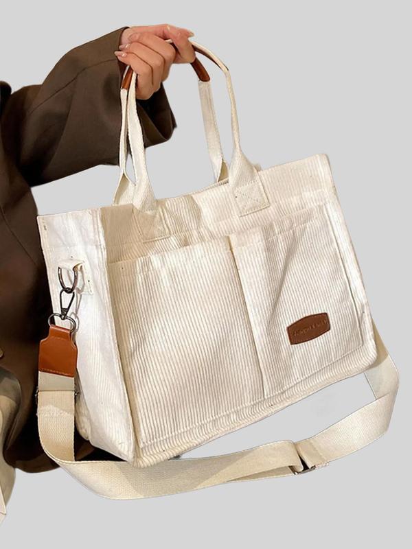 Women's Solid Patched Large Capacity Corduroy Tote Bag, Handbag, Casual Large Capacity Crossbody Bag with Adjustable Strap for Daily Used