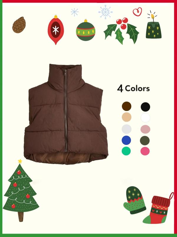 Women's Solid High Neck Puffer Vest, Casual Cozy Thermal Lined Zip Up Outerwear for Fall & Winter, Women's Tops, Ladies Multi Color Optional Winter Coat