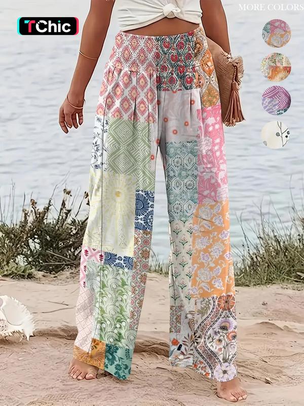 Women's Patchwork Print Elastic Waist Wide Leg Pants, Casual Loose Pants, Boho Bohemian Casual Trousers for Beach Vacation Holiday, Ladies Bottoms for All Seasons