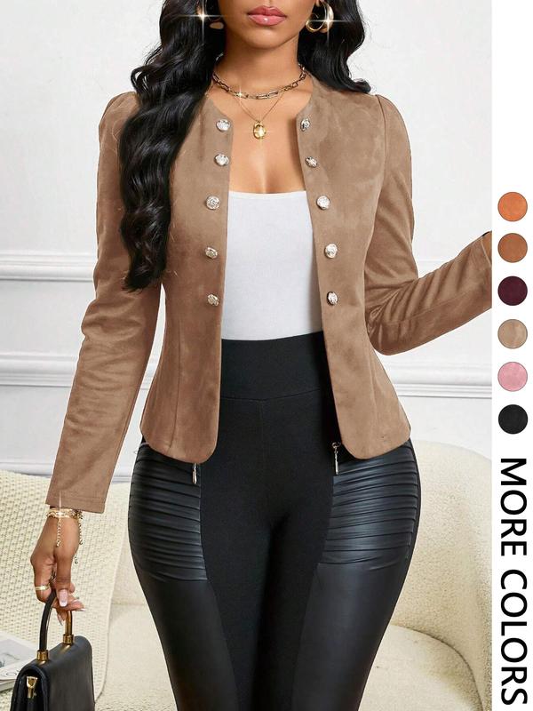 Women's Tan Suede Pearl Button Blazer, Jacket, Faux Suede Fabric & Decorative Pearl Buttons & Puff Shoulders & Tailored Fit & Multiple Color Options 1pc