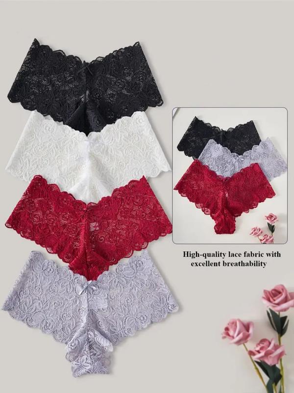 Women's 4pcs Solid Floral Lace Bow Decor Scallop Trim Panties, Casual Soft Comfy Breathable Drop Waist Knicker for Daily Wear, Ladies Underwear for All Seasons Everyday Wear