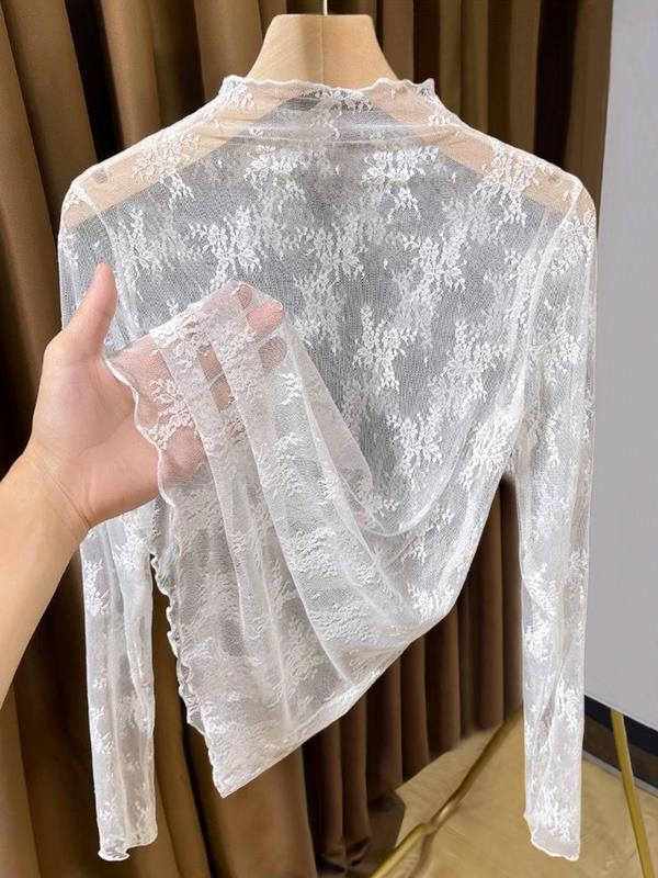 Women's Lace Long Sleeve Top, Lady, Half High Neck Design, Elegant Mesh Fabric, Perfect Inner Layer for Fall & Winter, Blouse, Womenswear