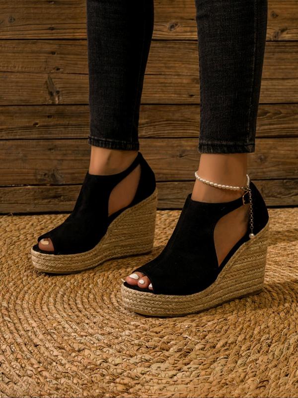 Women's Fashionable Espadrille Peep Toe Wedge Sandals, Casual Hollow Out Design Buckle Decor Flatform Shoes For Beach Party Vacation, Fashion Shoes For Party, Daily Clothing Decor, Buckle Wedges