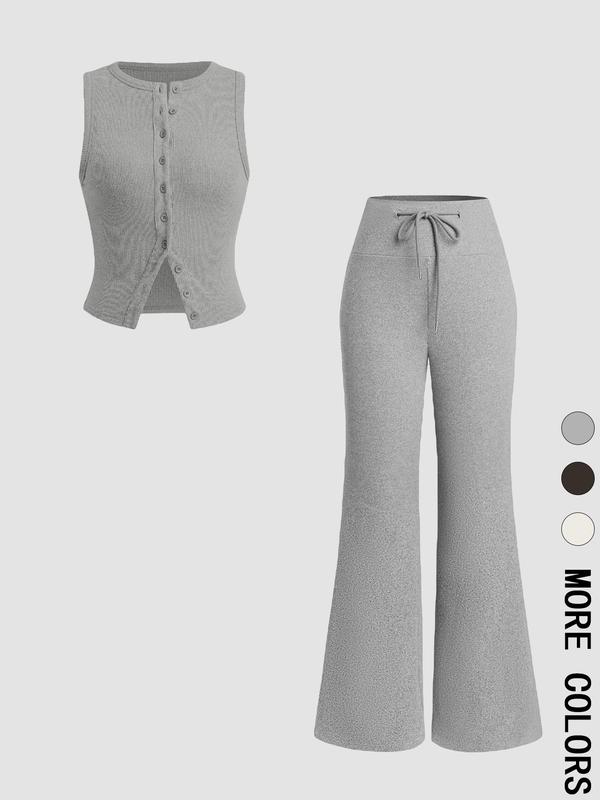 Women's Casual Summer Plain Color Sleeveless Top & Wide Leg Drawstring Pants Set, Slim-Fit Design, Comfortable Knit Fabric, Perfect for Daily Wear, Womenswear