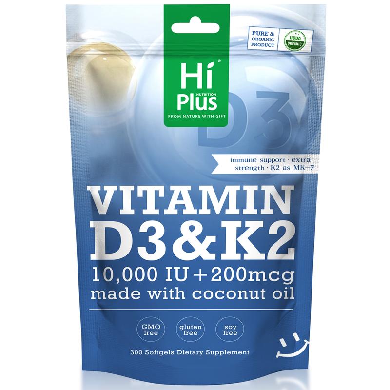 HiPlus Vitamin D3 & K2 | 10,000 IU + 200 mcg, Immune Support & Bone Health, Made with Coconut Oil,300 Softgels Natural Extra Strength SummerVibes