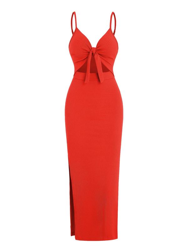 Women's Plain/denim-effect Print Cut Out Knot Front Spaghetti Strap Cami Dress, Sexy Backless Ribbed Bodycon Long Dress, Ladies Summer Clothes for Party Club Dating Wear