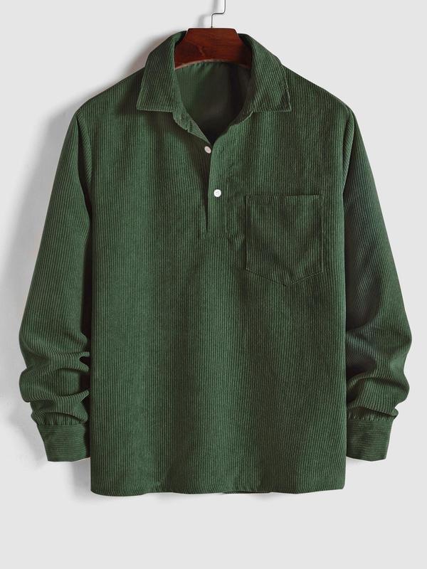 Men's Plain Pocket Half Button Corduroy Shirt, Casual Comfy Regular Fit Long Sleeve Collared Top For Fall & Winter, Men's Clothes For Daily Wear